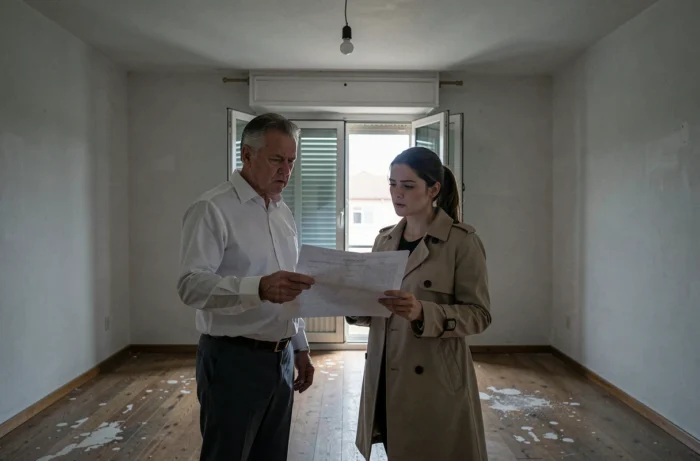 Propriétaire et locataire en désaccord lors d'un état des lieux réalisé sans électricité dans un appartement vide et sombre