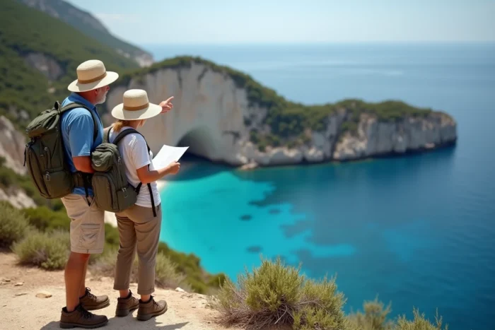 Couple de randonneurs consultant une carte face à la baie de Cala d'Orzu depuis un belvédère rocheux en Corse
