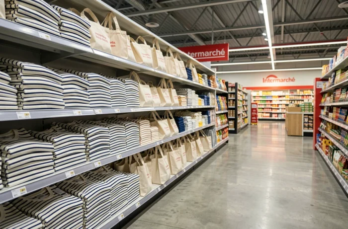 Rayon textile d'un supermarché Intermarché présentant des marinières Armor Lux en vue de la collaboration prévue pour 2026