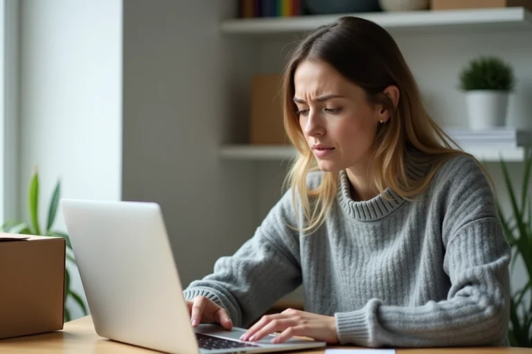 Femme faisant une réclamation colis non reçu Zara sur son ordinateur portable à domicile