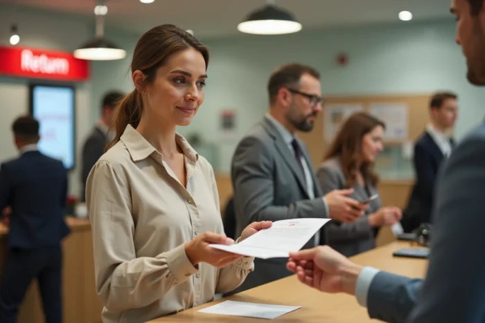 Femme déposant une réclamation officielle pour colis Zara non reçu dans un bureau de poste