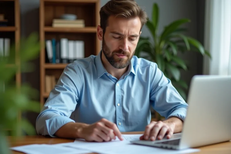 Homme consultant des documents de remboursement de crédit Flex LCL sur son ordinateur portable dans un bureau à domicile