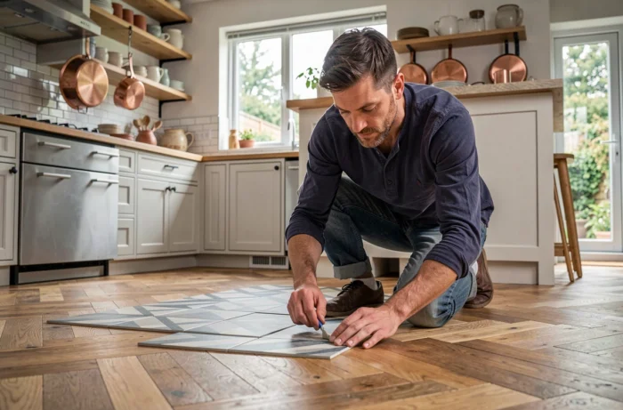 Homme posant des carreaux adhésifs géométriques sur le sol d'une cuisine moderne avec étagères ouvertes et suspensions en cuivre