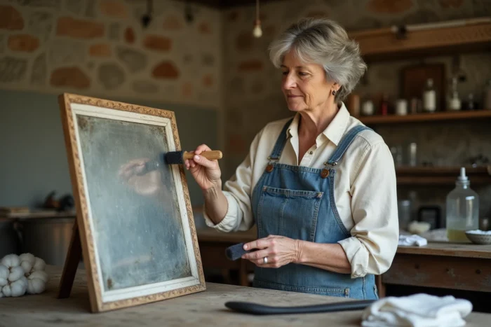 Femme restaurant un miroir piqué avec une solution chimique dans un atelier rustique