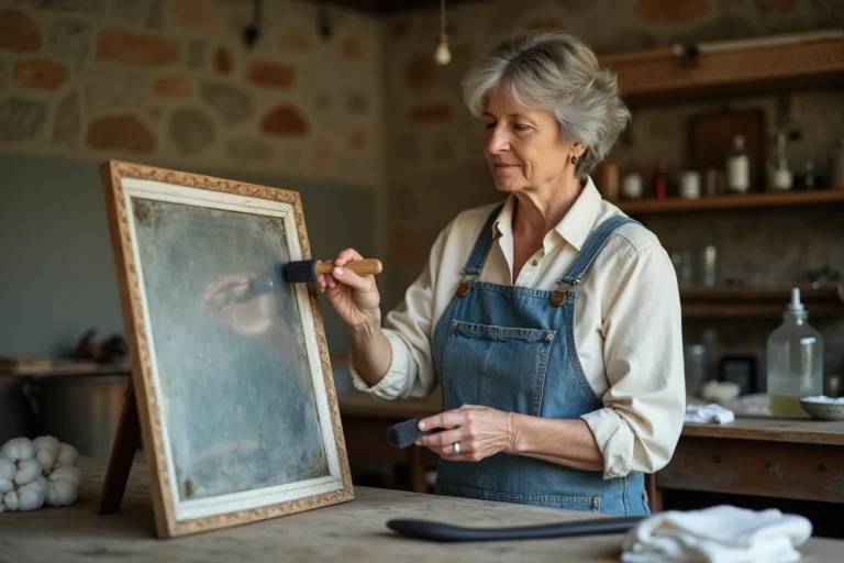 Femme restaurant un miroir piqué avec une solution chimique dans un atelier rustique
