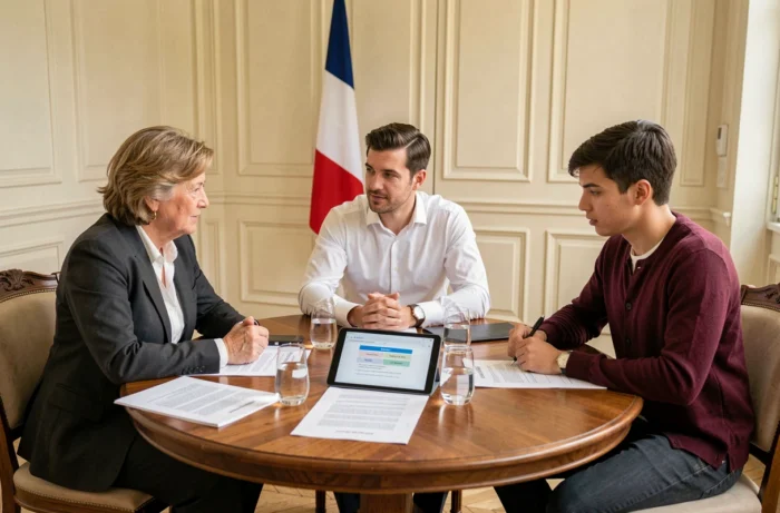 Réunion institutionnelle de professionnels français discutant des enjeux éthiques et juridiques de l'intelligence artificielle