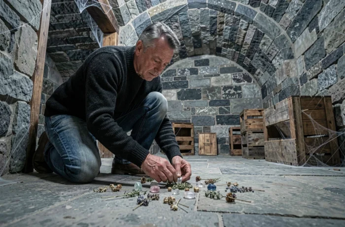 Homme disposant des cristaux protecteurs et des herbes séchées dans une cave en pierre lors d'un rituel de purification énergétique