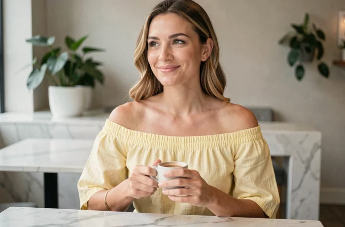 Femme en robe en lin jaune pâle tendance 2024 dans un café intérieur minimaliste