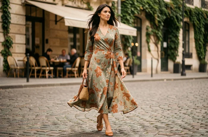 Femme portant une robe midi florale tendance 2024 en se promenant dans une rue pavée parisienne