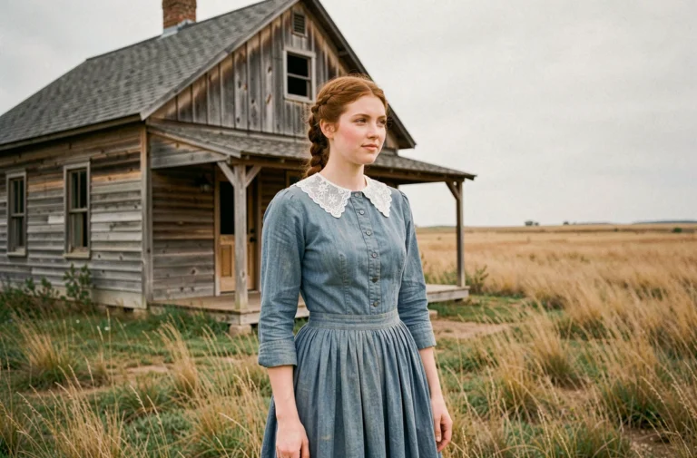 Jeune femme en robe de pionnière des années 1870 devant une maison en bois dans la prairie américaine, évoquant l'univers de La Petite Maison dans la Prairie