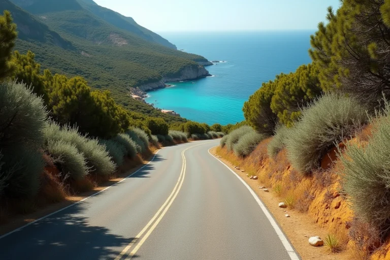 Route côtière sinueuse en Corse menant vers la crique de Cala d'Orzu entourée de maquis méditerranéen
