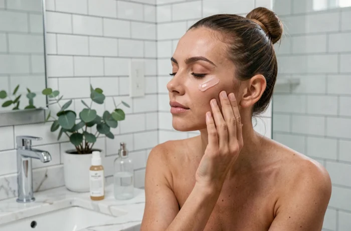 Femme appliquant sa crème hydratante dans une salle de bain minimaliste, routine beauté urbaine soins de la peau