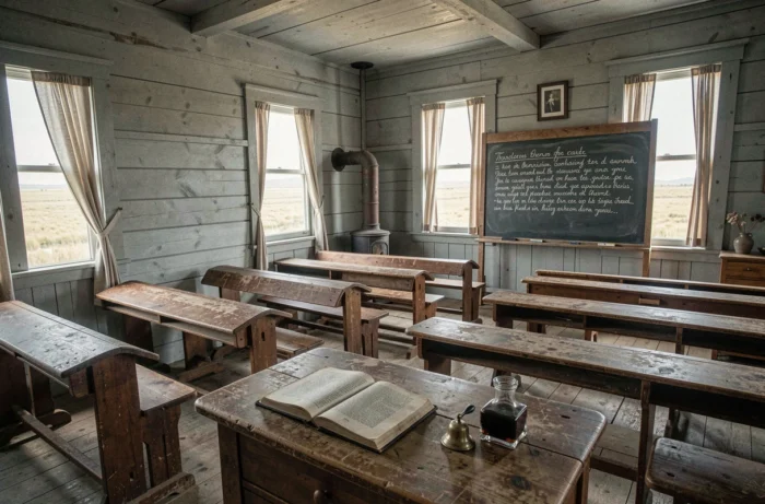 Intérieur d'une salle de classe rustique du XIXe siècle avec des bureaux en bois usés et un tableau noir, inspiré de La Petite Maison dans la Prairie