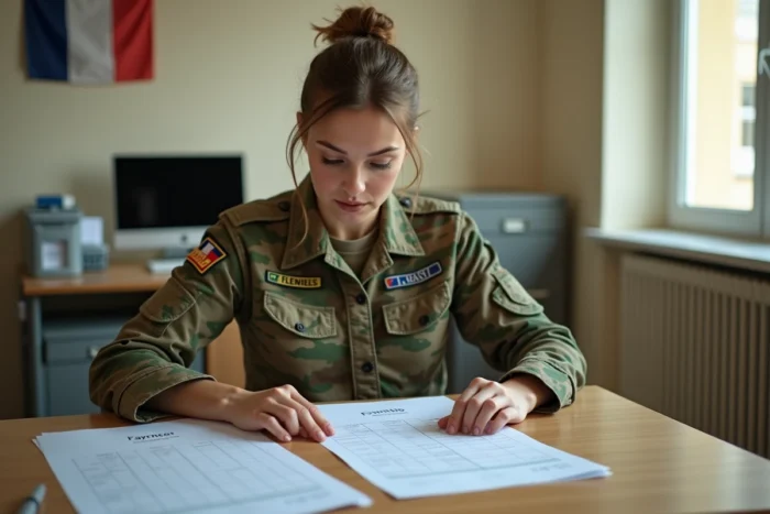 Sergente de l'armée de terre en tenue camouflage étudiant sa fiche de solde dans un bureau militaire
