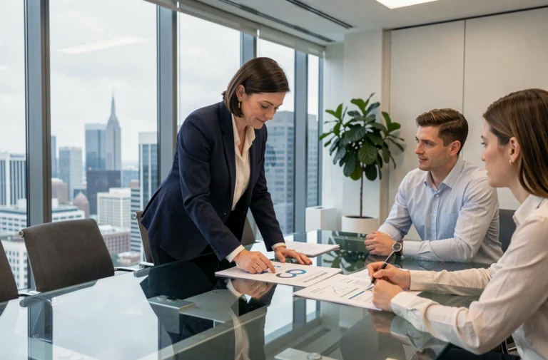 Femme d'affaires présentant une stratégie de croissance à des collègues lors d'une réunion professionnelle en salle de conférence moderne