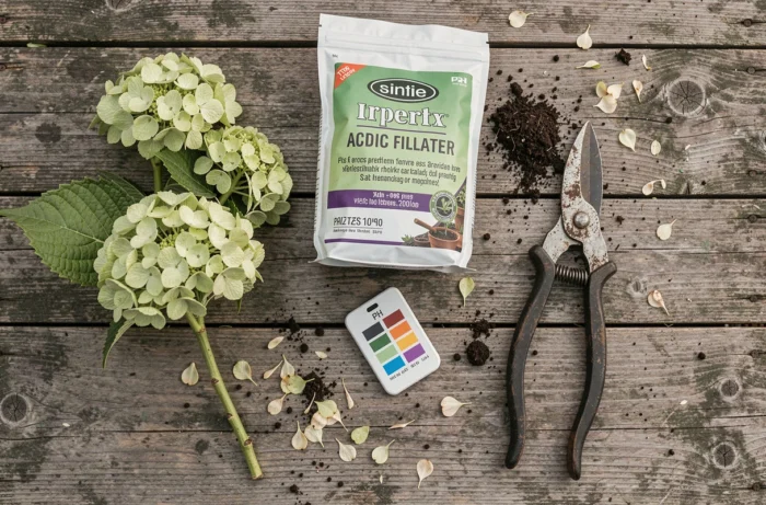 Vue de dessus d'un établi de jardinage avec une branche d'hortensia aux fleurs vertes, un testeur de pH du sol, de l'engrais acidifiant et un sécateur pour illustrer les solutions correctives