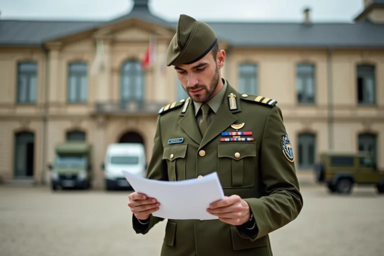 Sous-officier de l'armée de terre en uniforme consultant ses documents de solde devant une base militaire française