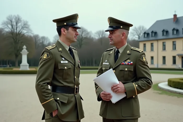 Deux sous-officiers de l'armée de terre en discussion sur la cour de caserne française au sujet de leur rémunération militaire