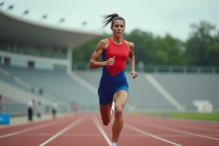 Sprinteuse française en plein entraînement sur une piste d'athlétisme, concentrée sur sa performance