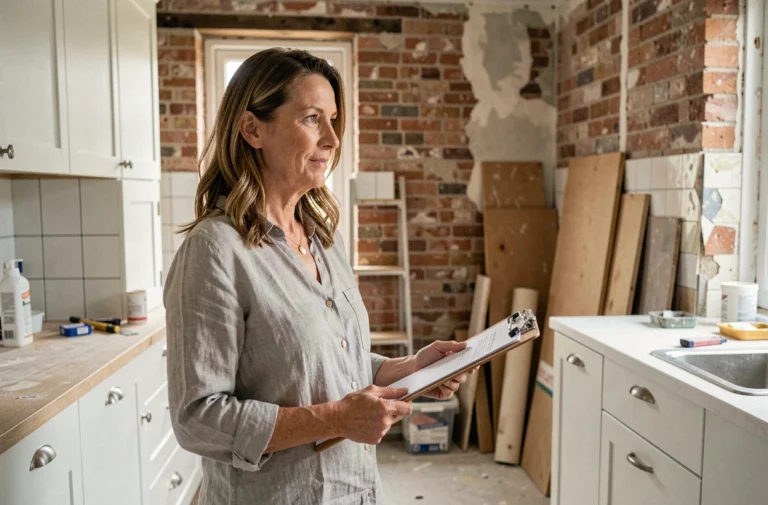 Femme consultant des documents de subvention pour la rénovation de sa cuisine en 2024