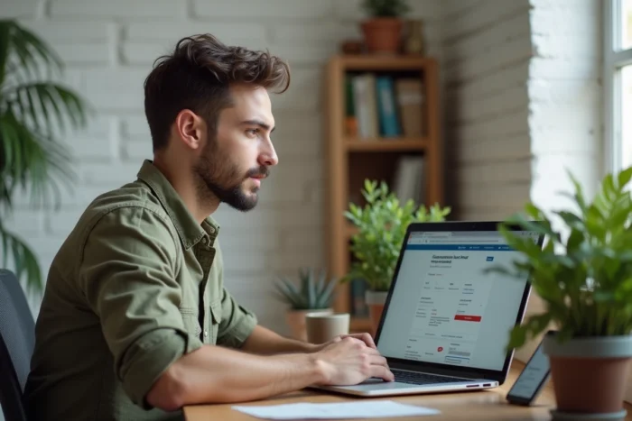 Homme consultant le suivi de livraison d'une commande Space NK sur ordinateur portable à domicile