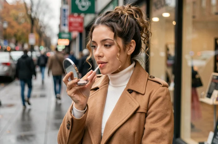 Jeune femme appliquant un baume à lèvres teinté dans la rue en automne, style beauté urbaine naturel et tendance