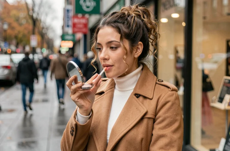 Jeune femme appliquant un baume à lèvres teinté dans la rue en automne, style beauté urbaine naturel et tendance