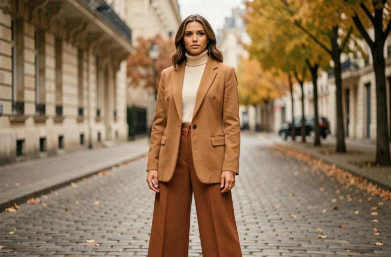 Femme élégante en blazer oversize camel et pantalon large terracotta dans une rue pavée parisienne en automne, tendances mode de la saison