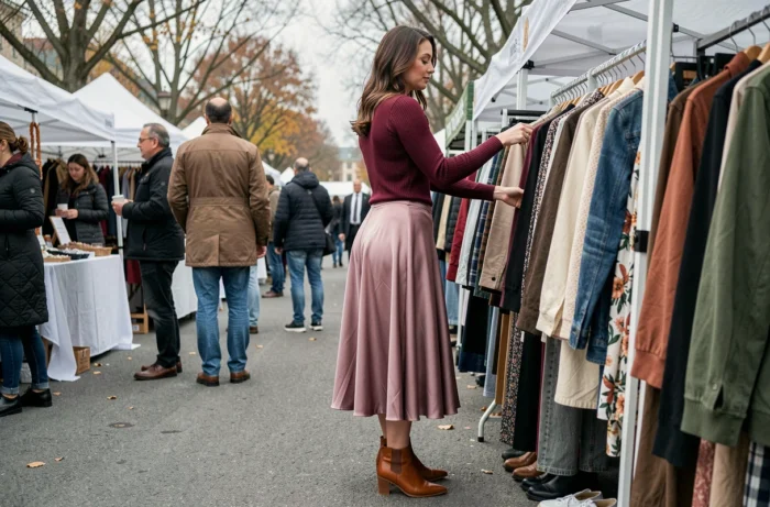 Jeune femme en jupe midi mauve satinée et top bordeaux explorant un marché de mode en plein air en automne, tendances mode incontournables