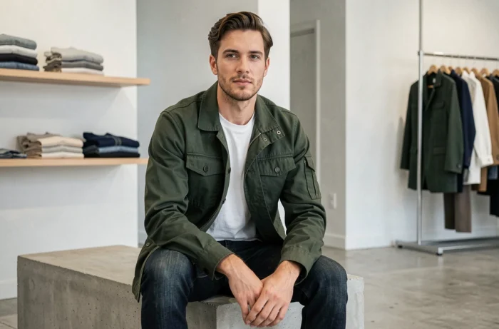 Homme en veste utilitaire vert forêt et jean slim assis dans un concept store minimaliste, mode masculine tendance de la saison