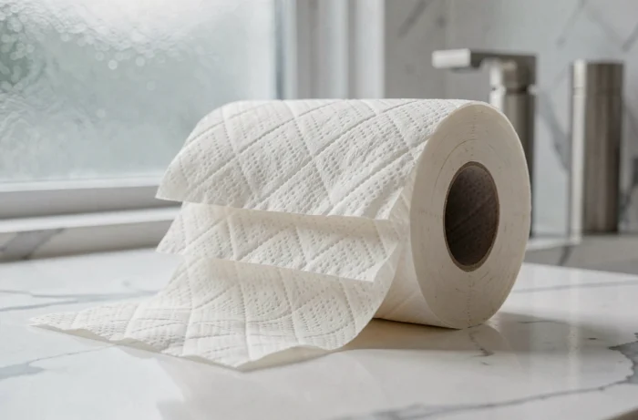 Gros plan sur la texture douce et moelleuse d'un rouleau de papier toilette multi-épaisseurs posé sur du marbre blanc