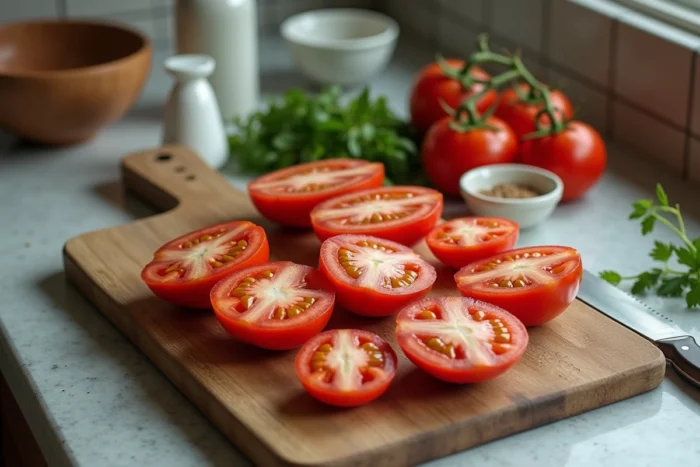 Tomates coupées en deux sur une planche à découper en bois révélant une peau épaisse et dure se décollant de la chair dans une cuisine rustique