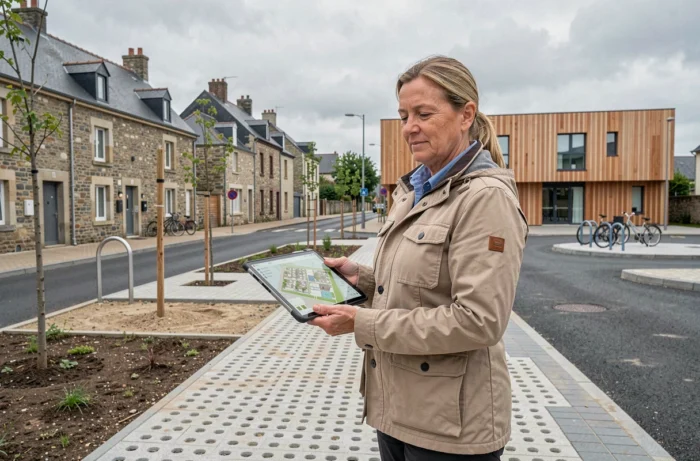 Urbaniste bretonne sur un chantier d'éco-quartier en ville avec pavage perméable et bâtiment en bois durable
