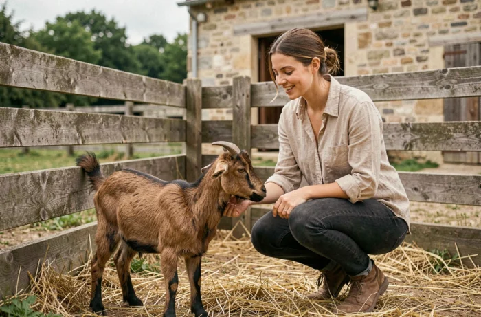 Jeune femme caressant une chèvre dans un enclos en bois à la ferme pédagogique du Fays dans l'Yonne