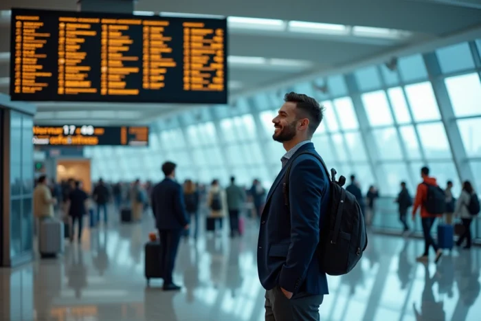 Voyageur regardant le tableau des départs dans un aéroport international avant un grand voyage