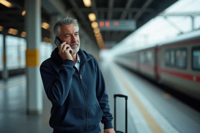 Voyageur contactant le service client Ouigo par téléphone sur le quai d'une gare