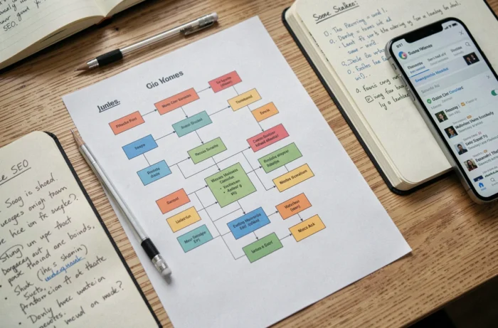 Vue aérienne d'un bureau avec un document imprimé de sitemap, des notes SEO manuscrites et un smartphone affichant des résultats de recherche